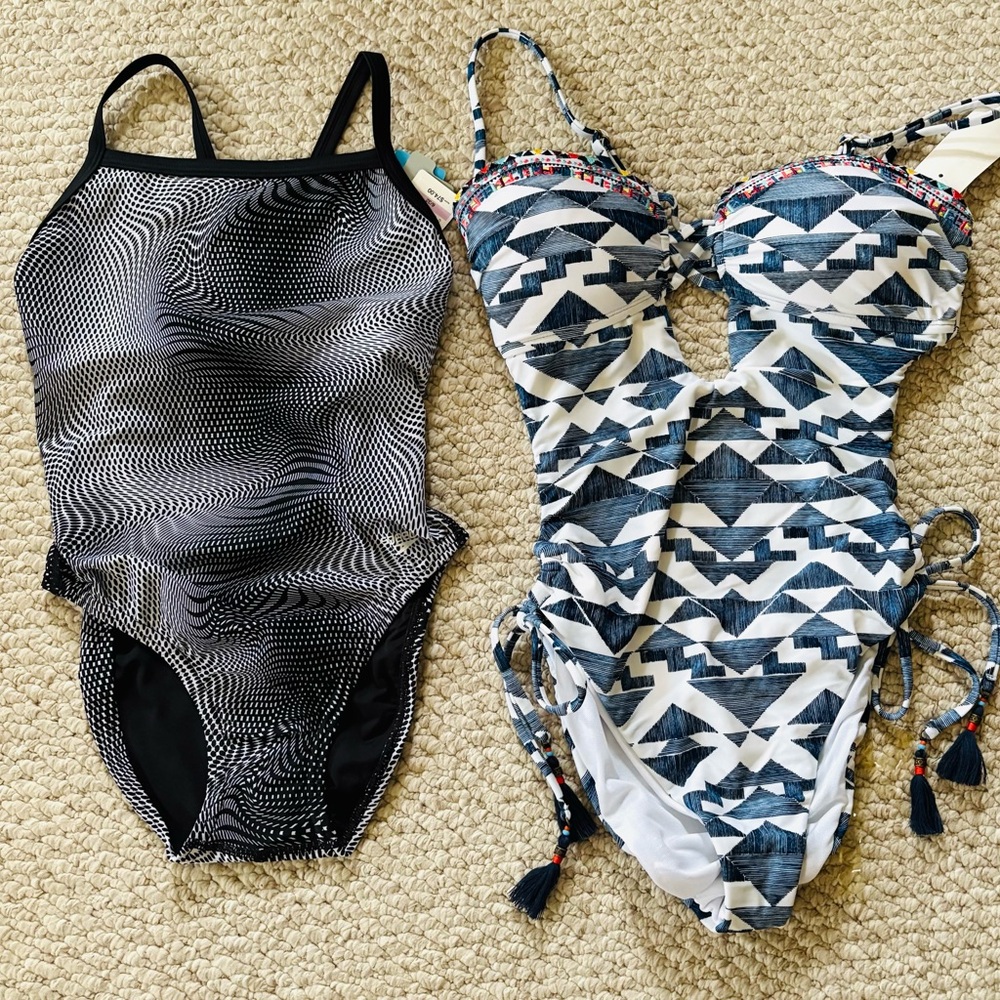 BRAND NEW. Speedo Black WHITE Patterned One Piece Swimsuit. LUCKY BRAND small